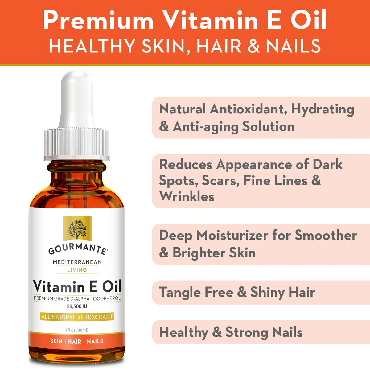 Gourmante vitamin e oil for healthy skin, hair & nails